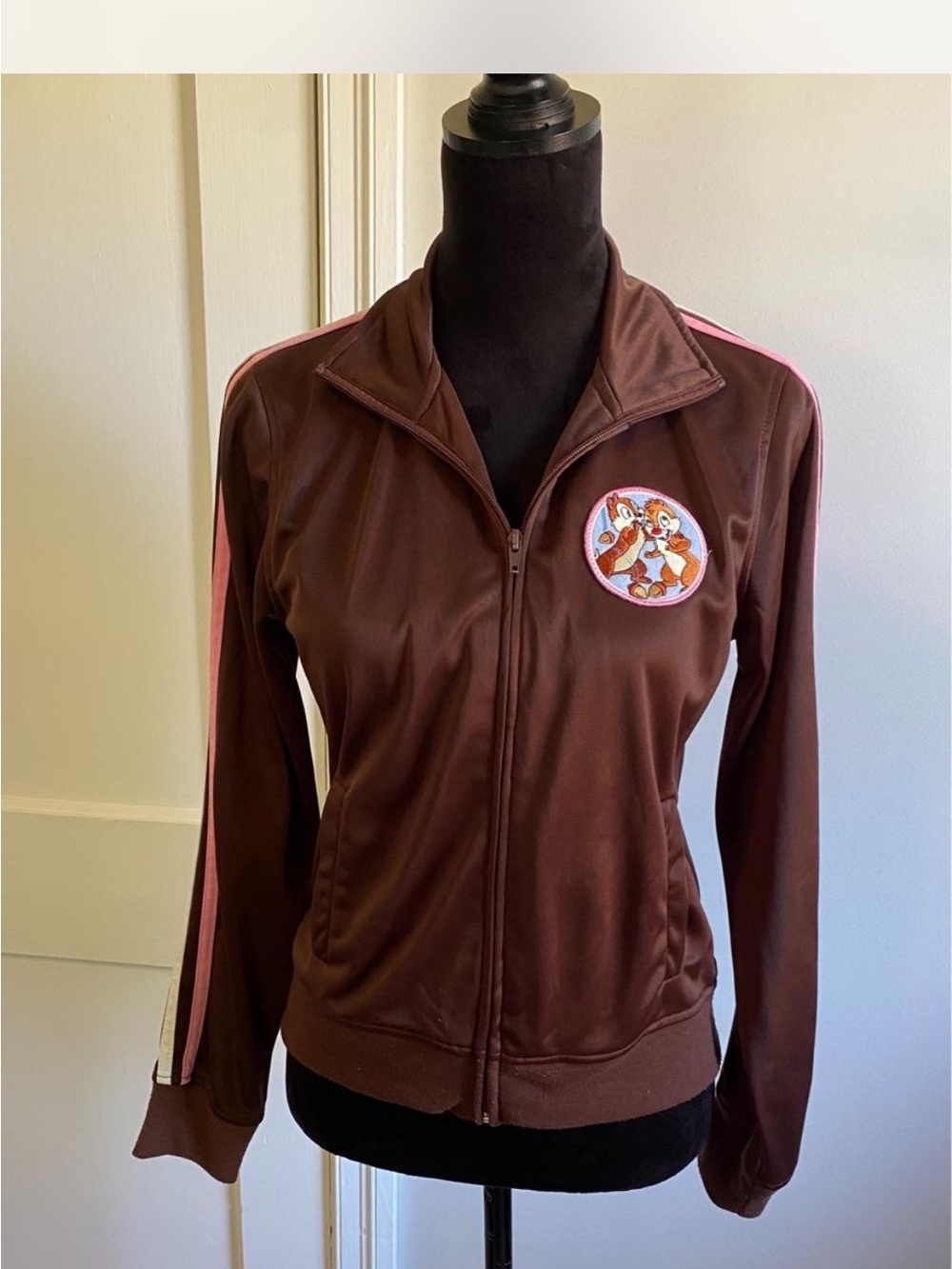 Brown Disney Track Jacket with Pink Stripe and Chip & Dale Patch